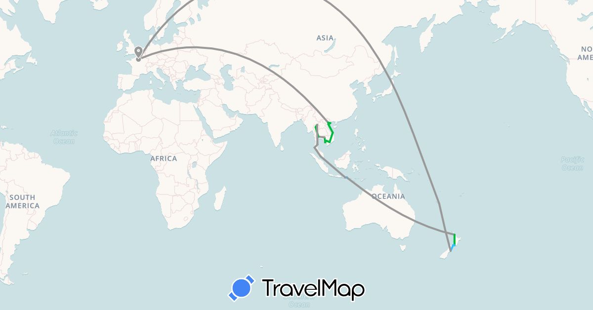 TravelMap itinerary: driving, bus, plane, boat in France, Indonesia, Cambodia, Malaysia, New Caledonia, New Zealand, Thailand, Vietnam (Asia, Europe, Oceania)